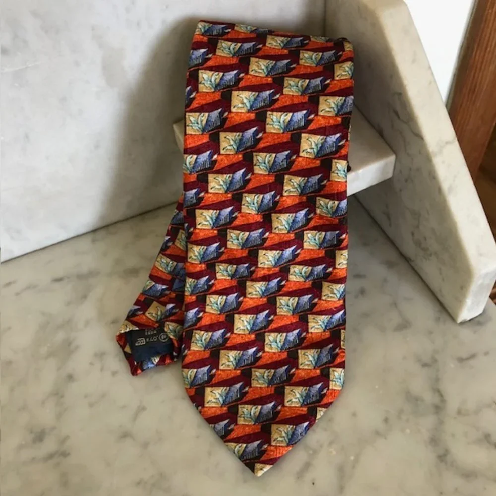 ERMENEGILDO ZEGNA Silk Leaf Geo Block Orange Blue Red Tie - Picture 1 of 15